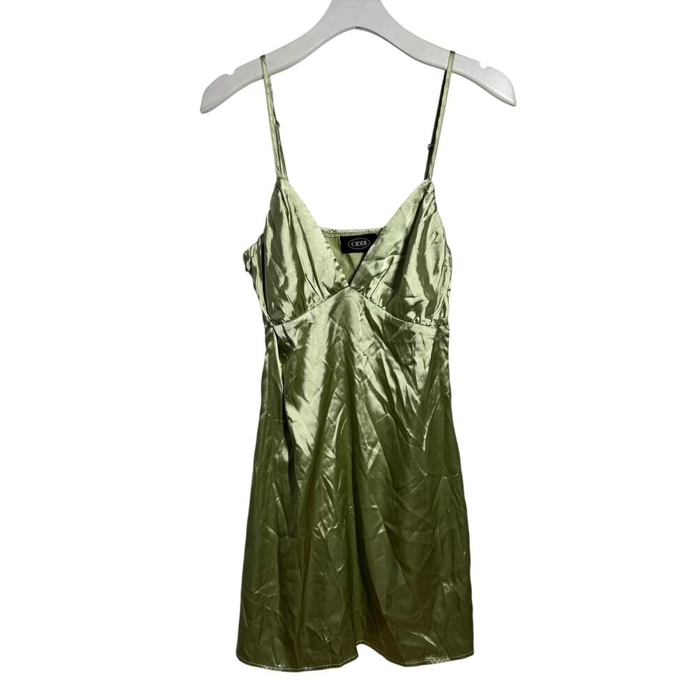 Women Y2K Baby Doll Coquette Sage Green Satin Chemise Slip Mini Dress L Romantic